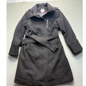 Worthington Black Belted Trench Coat Jacket Petite Large Zip Front Lined 715292